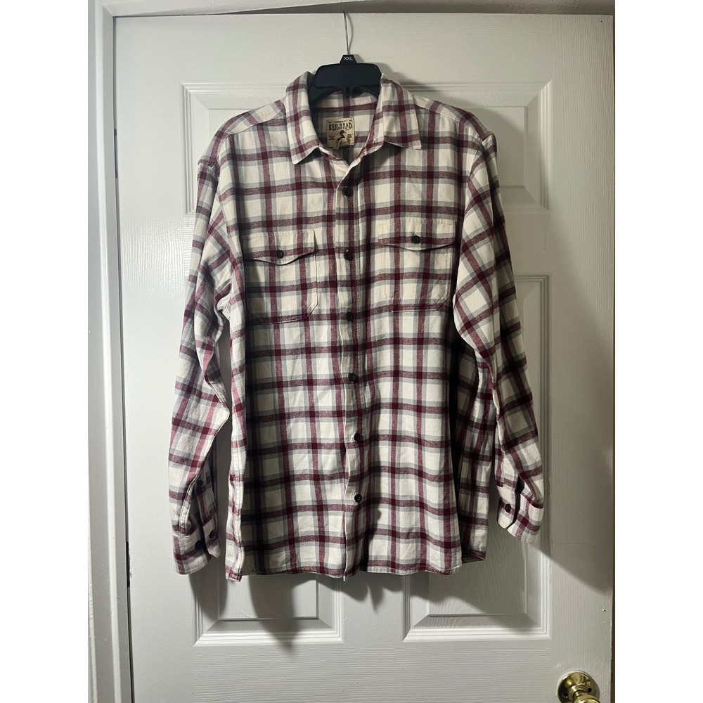 RedHead Brand Co Mens Large Plaid Flannel Shirt Burgundy Grey Cotton Button Down